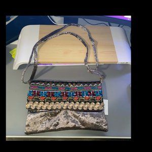 Elegant fashion purse, grayish purple velvet with colorful embroidered designs